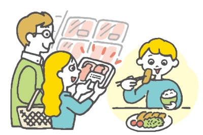 精肉コーナーで肉を選ぶ人、肉料理を食べる人のイラスト