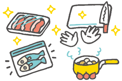 ビニールや容器に入れた肉や魚、清潔な手と調理器具、火にかけている鍋のイラスト