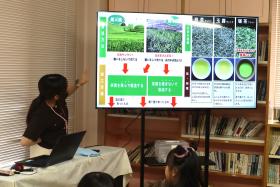 学生が茶道に関するクイズを出している様子