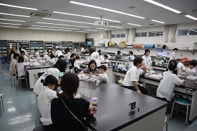 会場全体で、参加者や大学生が協力しながら実験に取り組んでいる様子