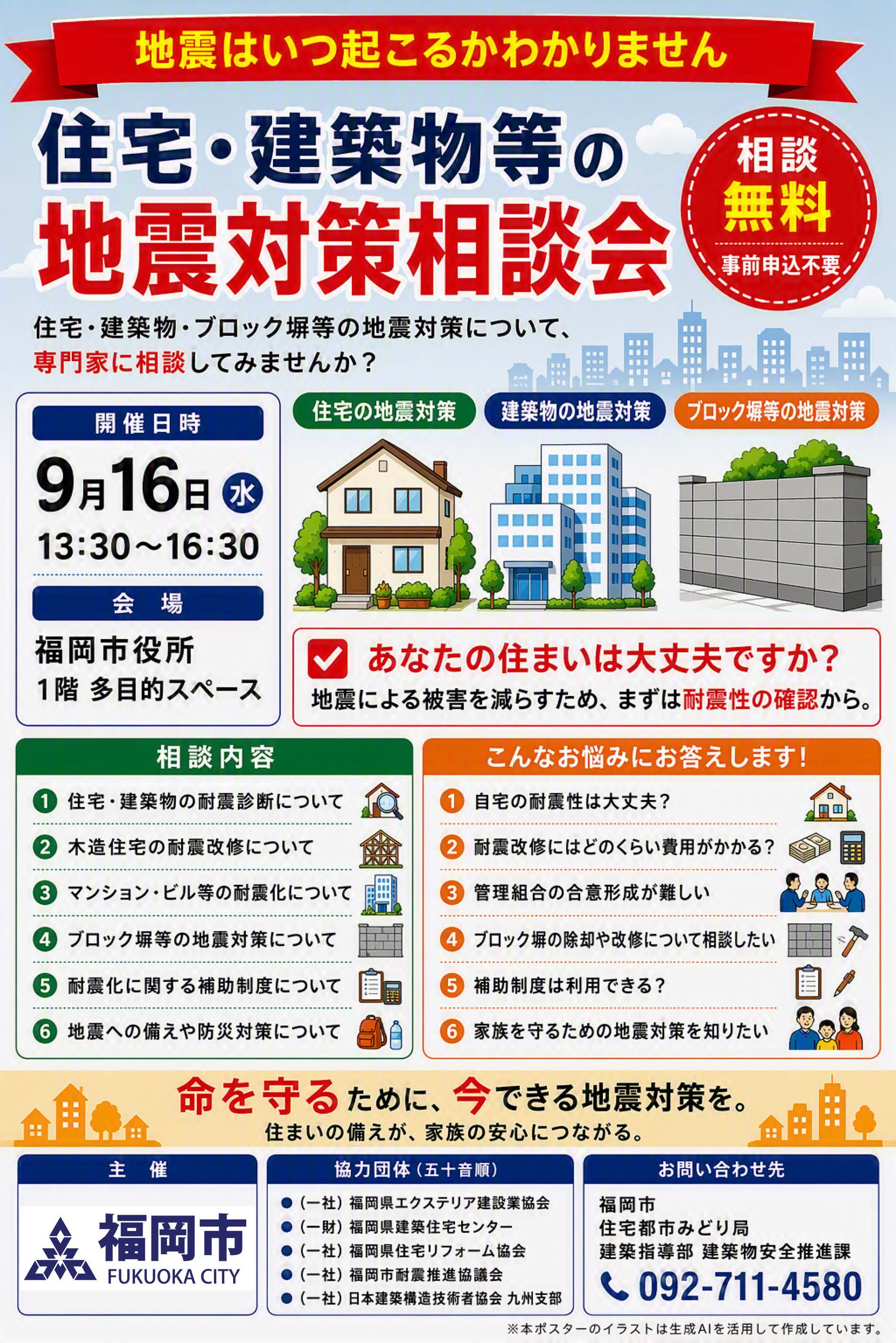 住宅や建築物などの地震対策相談会。９月１６日水曜日、１３時３０分から１６時３０分まで。会場は福岡市役所１階、多目的スペース。申込は不要、参加費は無料。