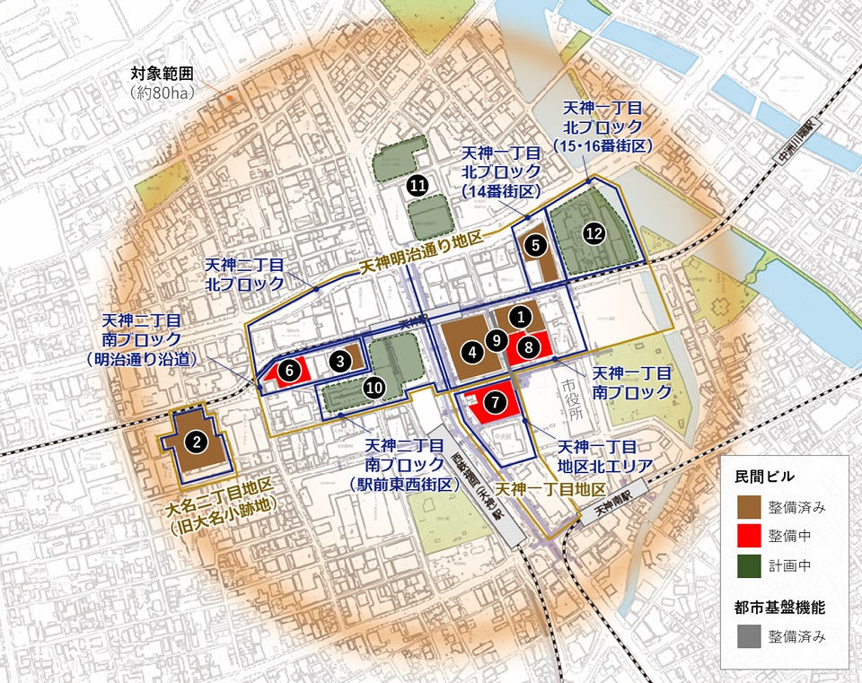 天神の地図に対象範囲やビルをプロットしたもの