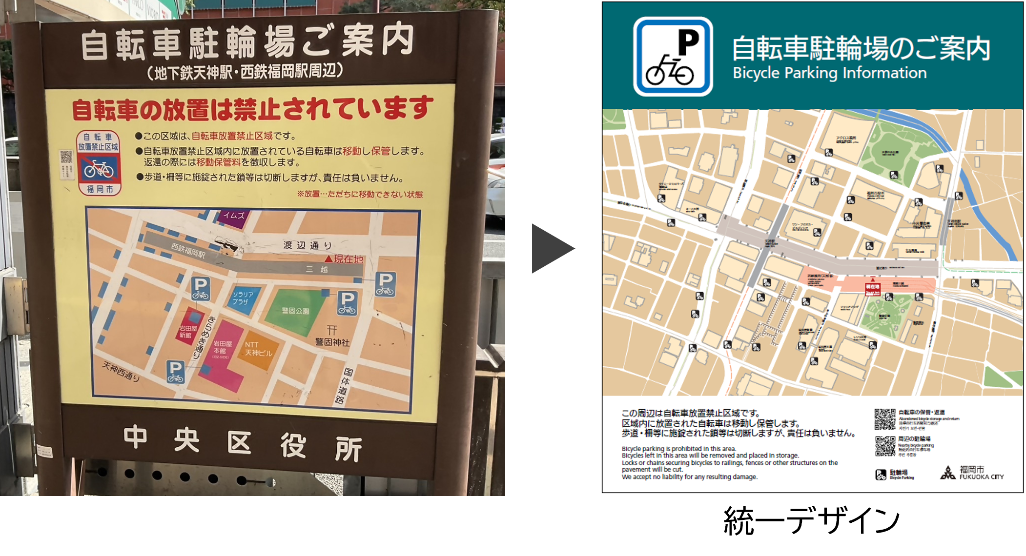周辺の駐輪場の位置を案内する案内誘導サインの、現況写真と統一デザインイメージ