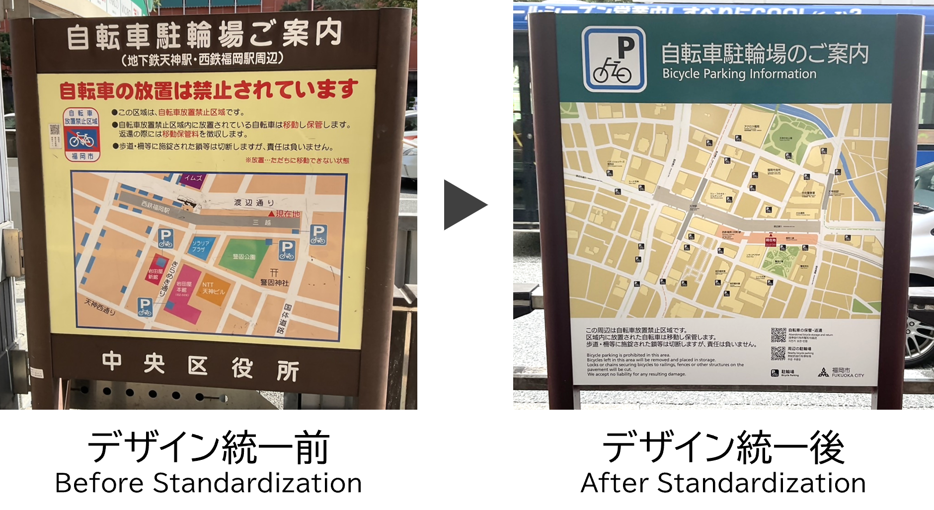 周辺の駐輪場の位置を案内する案内誘導サインの、現況写真と統一デザインイメージ