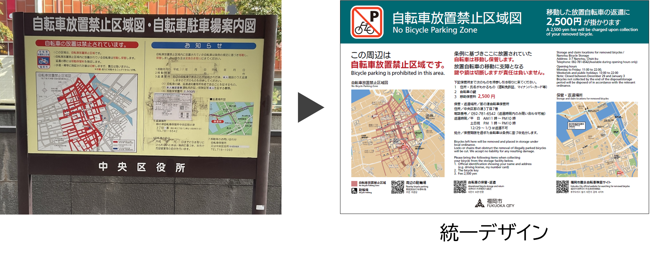 自転車放置禁止区域図などを説明する解説サインの、現況写真と統一デザインイメージ