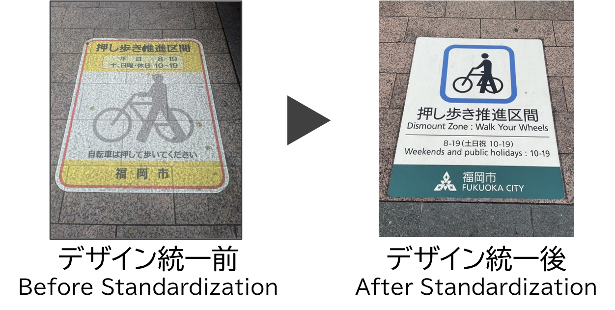 押し歩き推進区間であることを示す規制サインの、現況写真と統一デザインイメージ