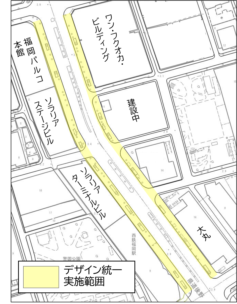 案内サインデザイン統一を試行実施する渡辺通りの地図