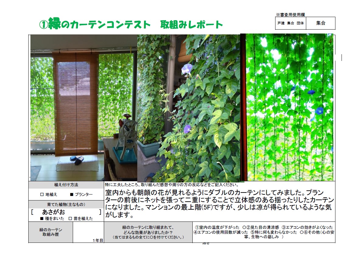 家庭部門　集合住宅の部　最優秀賞　上野幸介様　取組みレポートは次に記載。