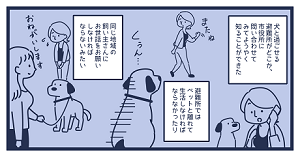漫画６。犬と過ごせる避難所がどこか、市役所に問い合わせてみてようやく知ることができた、避難所ではペットと離れて生活しなければならなかったり、同じ地域の飼い主さんにお世話をお願いしなければならないみたい。
