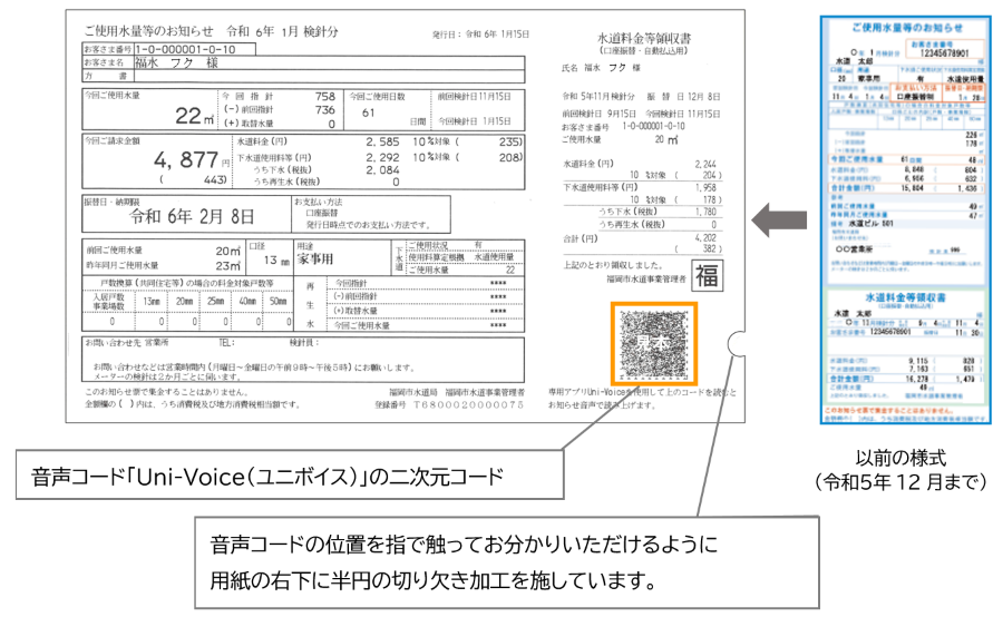 ご使用水量等のお知らせ見本。お知らせの右下に音声コードの二次元コードを印刷しています。