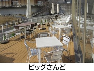 「ビッグさんど」の内部写真。学部１年生が学ぶセンターゾーンにある食堂で、土日祝日も営業しています。天候のよい日はテラスでもお食事いただけます。