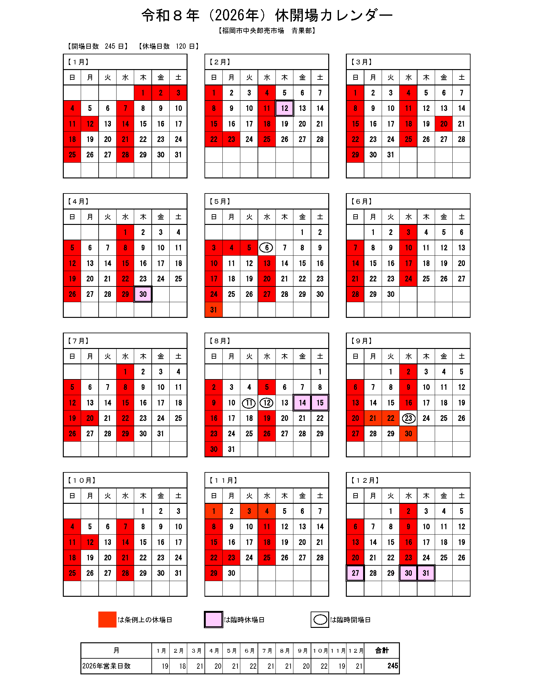 令和８年の休開場カレンダーです。詳細は以下のとおり。