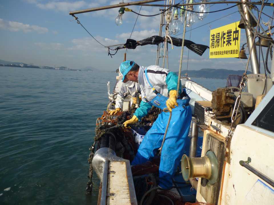 漁業者が回収する様子