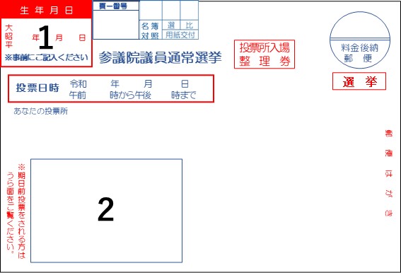 投票所入場整理券（はがき）の表の見本