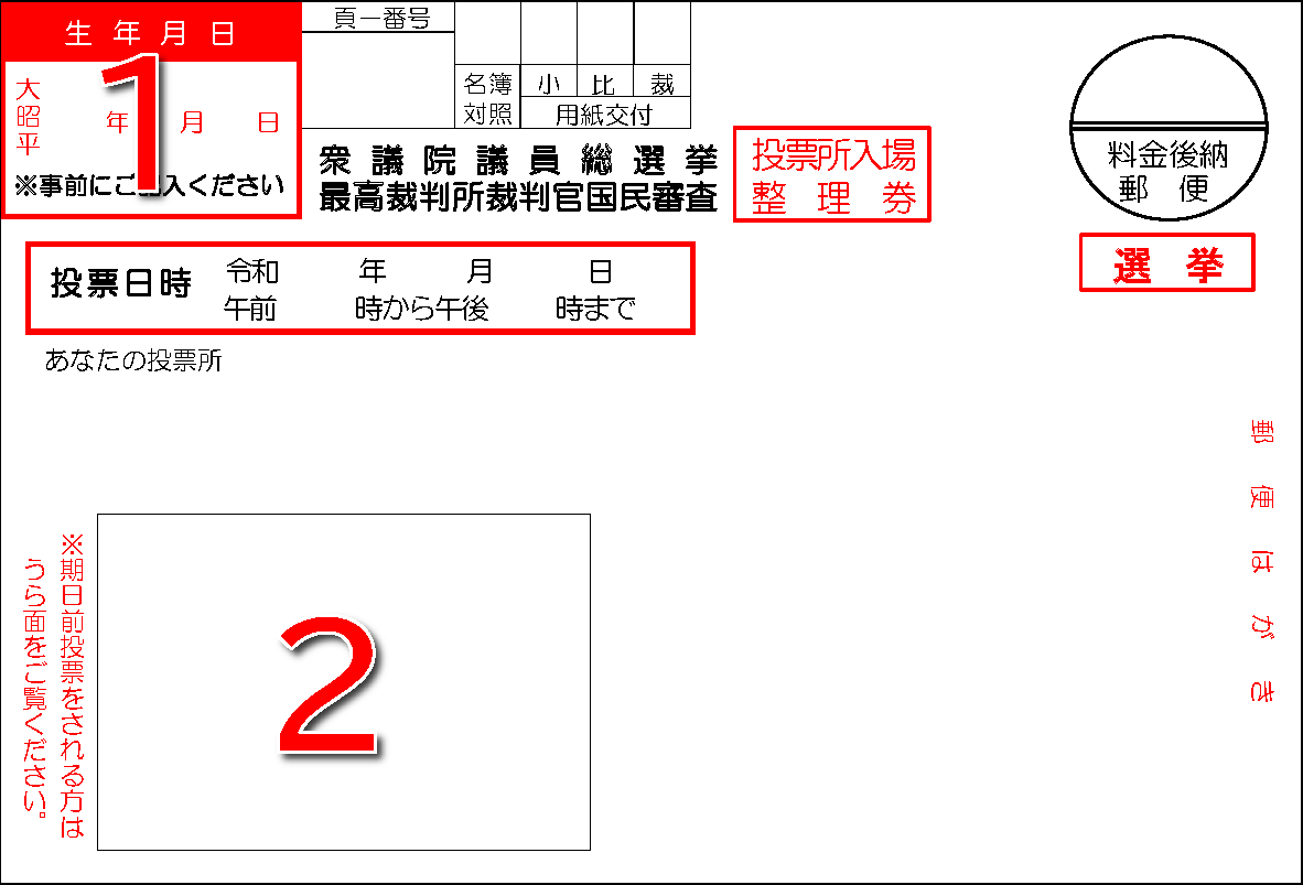 投票所入場整理券（はがき）の表面サンプル