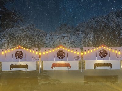 枝垂れ桜並木には、暖簾に囲まれた城郭屋台街が広がり、ゆっくりと食などを楽しめます。