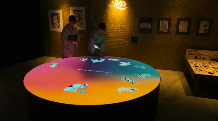 ユニークな擬人画やだまし絵をメインに、浮世絵を触って楽しむインタラクティブな空間。