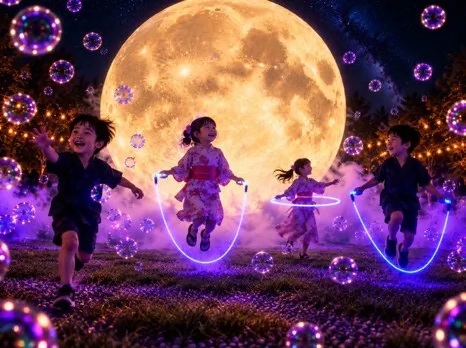 直径5mの巨大な満月が広場を照らし、その前で子供たちが遊んでいる様子