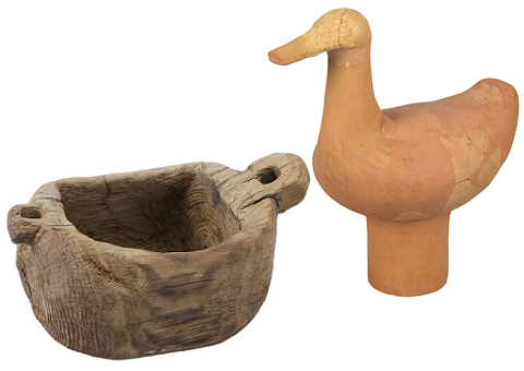 弥生時代に使われていた木の水汲み具と、古墳時代の水鳥のハニワ