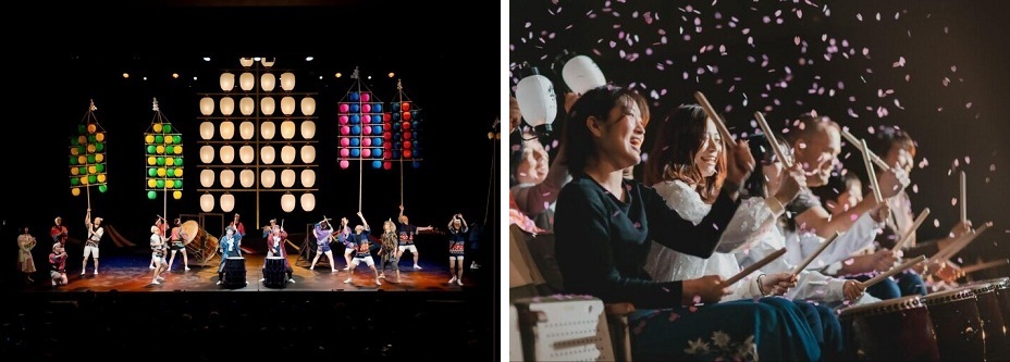 秋田竿燈まつりをモチーフにしたステージの様子と、楽し気に太鼓を叩く客席の写真。