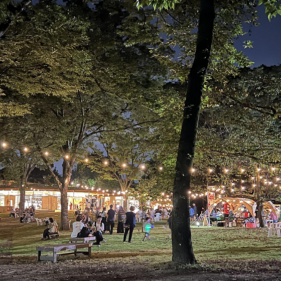 夜の植物園では、キッチンカーやテント販売などにっも人々が楽しんでいる。