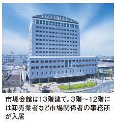 市場会館は13階建て。3階～12階には卸売業者など市場関係者の事務所が入居