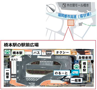 地下鉄七隈線橋本駅の地図と橋本駅の「駅前広場の写真