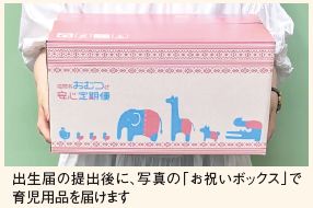 出生届の提出後に、写真の「お祝いボックス」で育児用品を届けます
