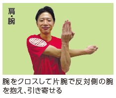 腕をクロスして片腕で反対側の腕を抱え、引き寄せる