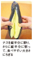 ナスを縦半分に割り、さらに縦半分に割って、食べやすい大きさにちぎる