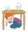 クッションで頭を守り机の下に避難しているイラスト