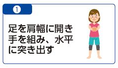 1　足を肩幅に開き手を組み、水平に突き出すイラスト