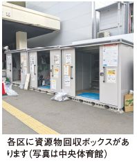 各区に資源物回収ボックスがあります（写真は中央体育館）