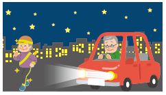 夜間にハイビームにした車と反射材を着用した人のイラスト