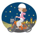 夜間にライトを点けヘルメットを着用して自転車に乗っているイラスト