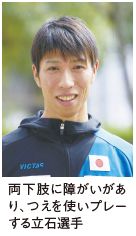 両下肢に障がいがあ り、つえを使いプレー する立石選手