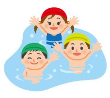 子どもたちがプールに入って手を挙げているイラスト