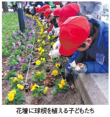 花壇に球根を植える子どもたち