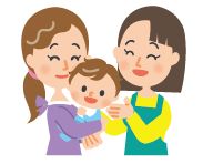 母子とボランティアのイラスト