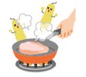 フライパンで鶏肉を加熱しているイラスト