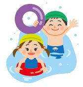 子どもたちが浮輪をしてプールに入っているイラスト