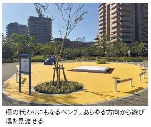 柵の代わりにもなるベンチ。あらゆる方向から遊び 場を見渡せる