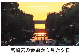 筥崎宮の参道から見た夕日の写真