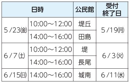 日時、公民館、受付終了日表