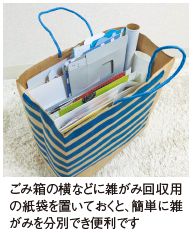 ごみ箱の横などに雑がみ回収用 簡単に雑、の紙袋を置いておくと がみを分別でき便利です