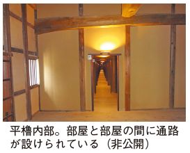 平櫓内部。部屋と部屋の間に通路が設けられている(非公開)写真