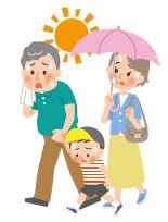 日射しの強い中を汗をかきながら歩いているイラスト