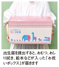 出生届を提出すると、おむつ、おし り拭き、絵本などが入った「お祝 いボックス」が届きます