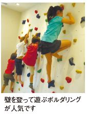 壁を登って遊ぶボルダリング が人気です