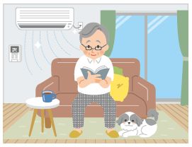 室内でエアコンを使用し、読書するイラスト